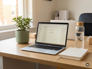 Kleine Topfpflanze auf aufgeräumtem Schreibtisch neben Laptop, Wellness-Tagebuch und Trinkflasche im sanften Morgenlicht.
