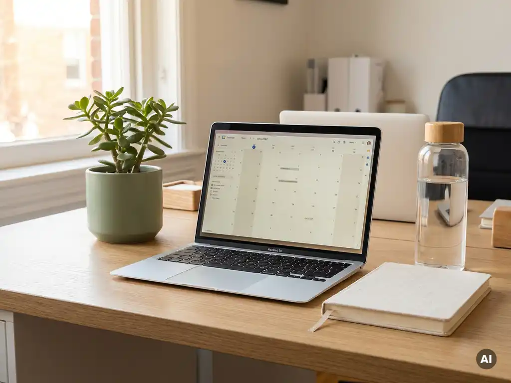 Kleine Topfpflanze auf aufgeräumtem Schreibtisch neben Laptop, Wellness-Tagebuch und Trinkflasche im sanften Morgenlicht.